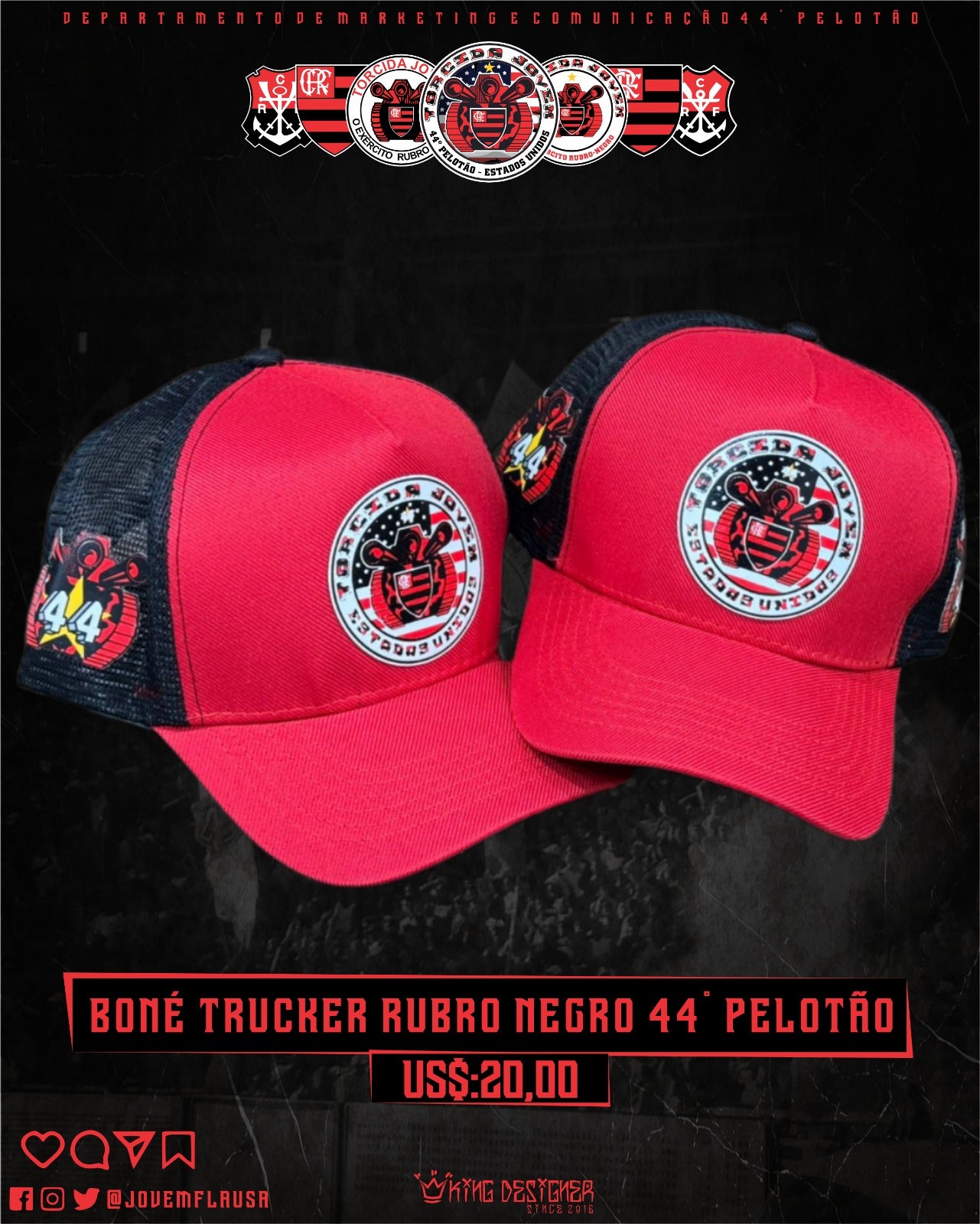 Boné trucker Vermelho 44º Pelotão Jovem Fla USA - Original Jovem Fla USA