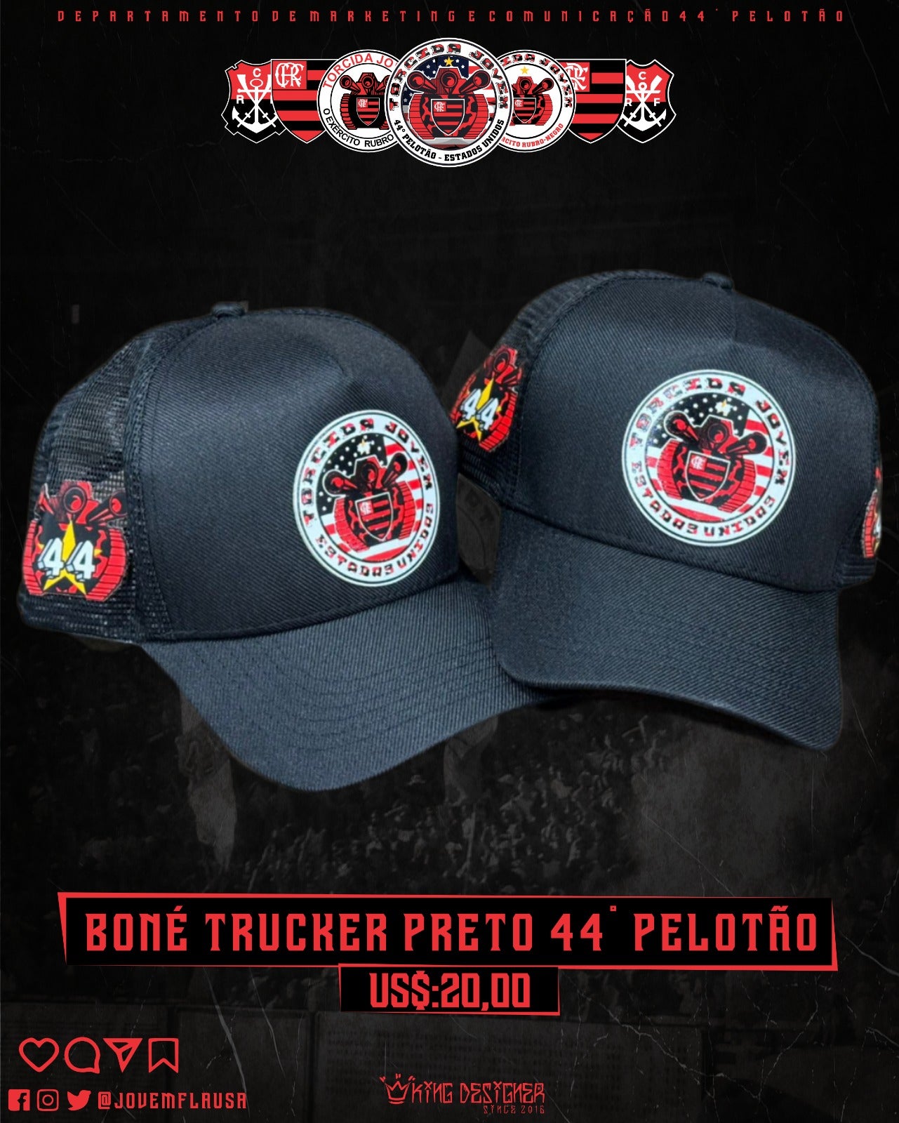 Boné Trucker Preto 44º Pelotão Jovem Fla USA - Original Jovem Fla USA